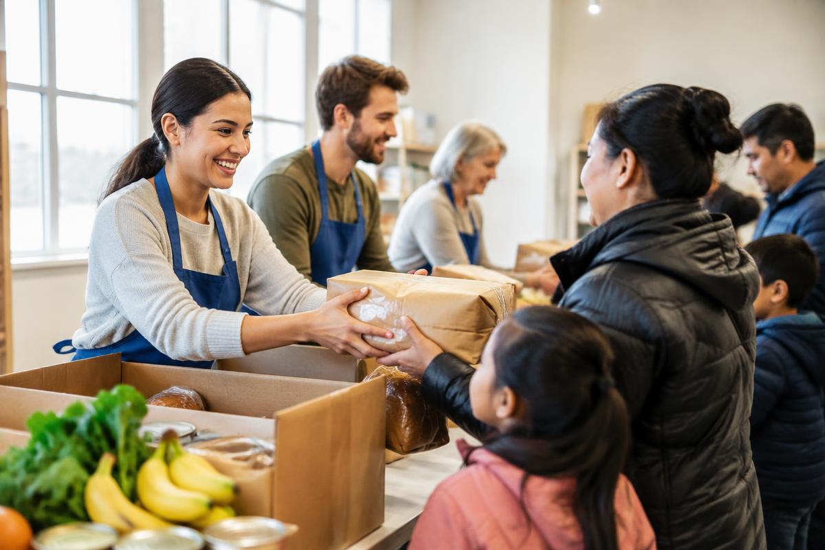 Bénévoles distribuant une aide alimentaire à des familles